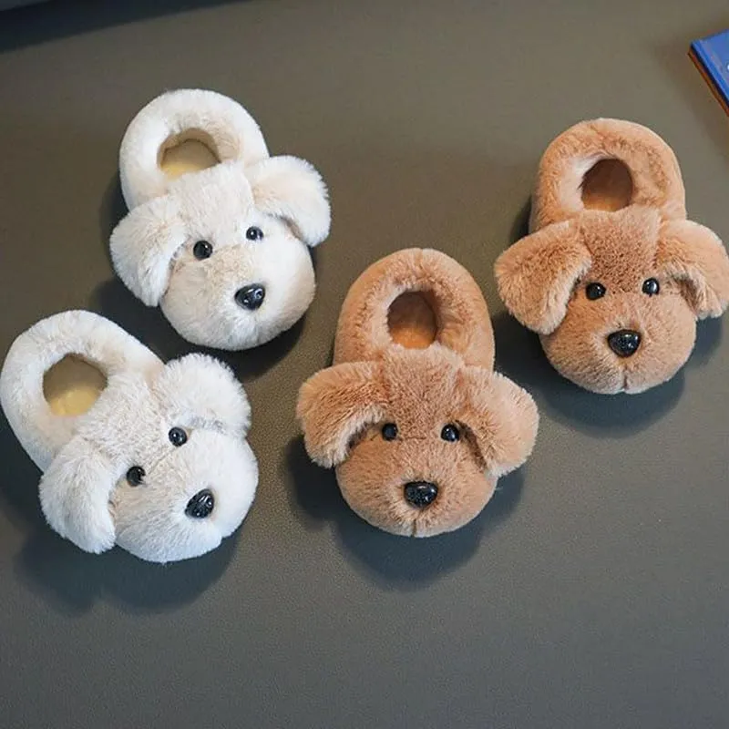 JadeRich Toddler Kids Cute Puppy Fuzzy Slippers Heel Covering Plush Dog Slipper Warm Winter House Shoes for Boys Girls
