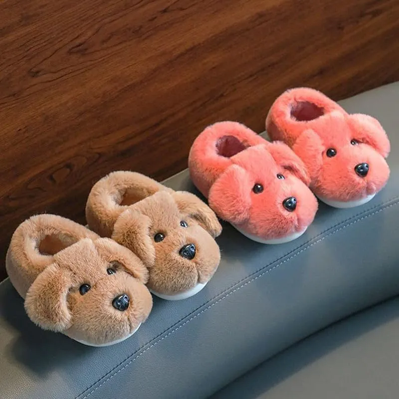 JadeRich Toddler Kids Cute Puppy Fuzzy Slippers Heel Covering Plush Dog Slipper Warm Winter House Shoes for Boys Girls