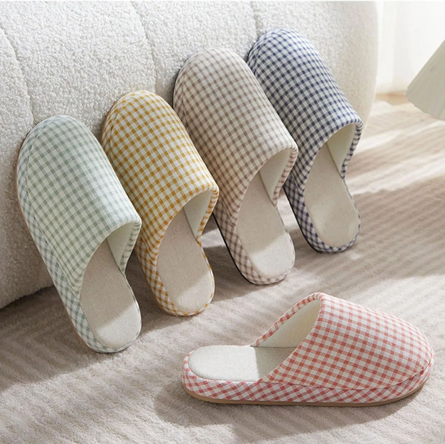 JadeRich Women Men Cotton Memory Foam House Slippers Gingham Plaid Soft Cozy Breathable Non-Slip Checkered Indoor Shoes