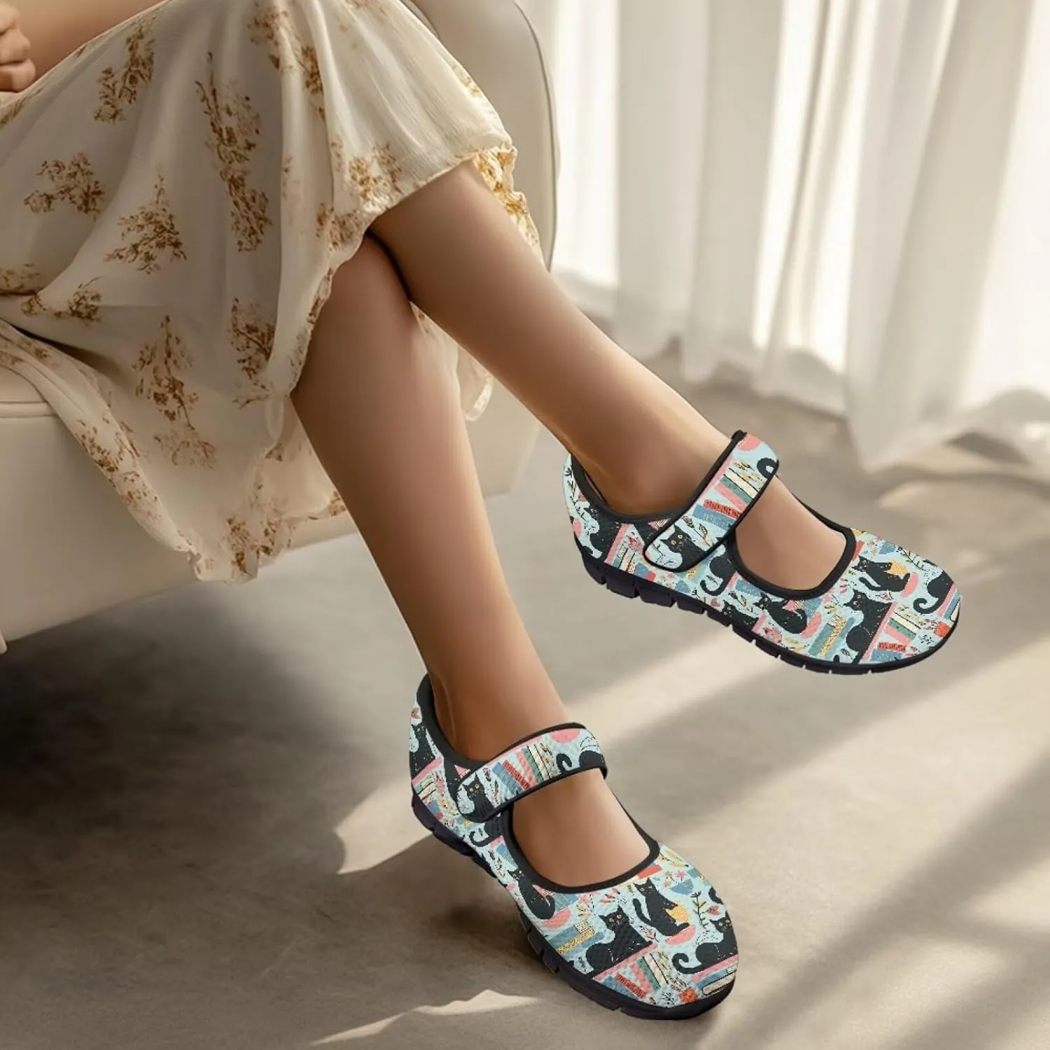 Jeiento Womens Casual Shoes Cartoon Cats Comfy Non Slip Dressy Shoes Walking Flat Shoes Slip-On