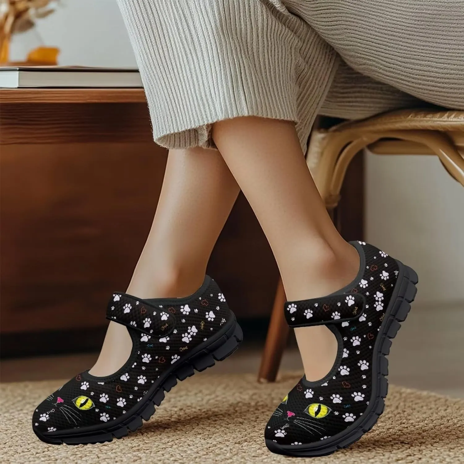 Jeiento Womens Casual Shoes Cartoon Cats Comfy Non Slip Dressy Shoes Walking Flat Shoes Slip-On