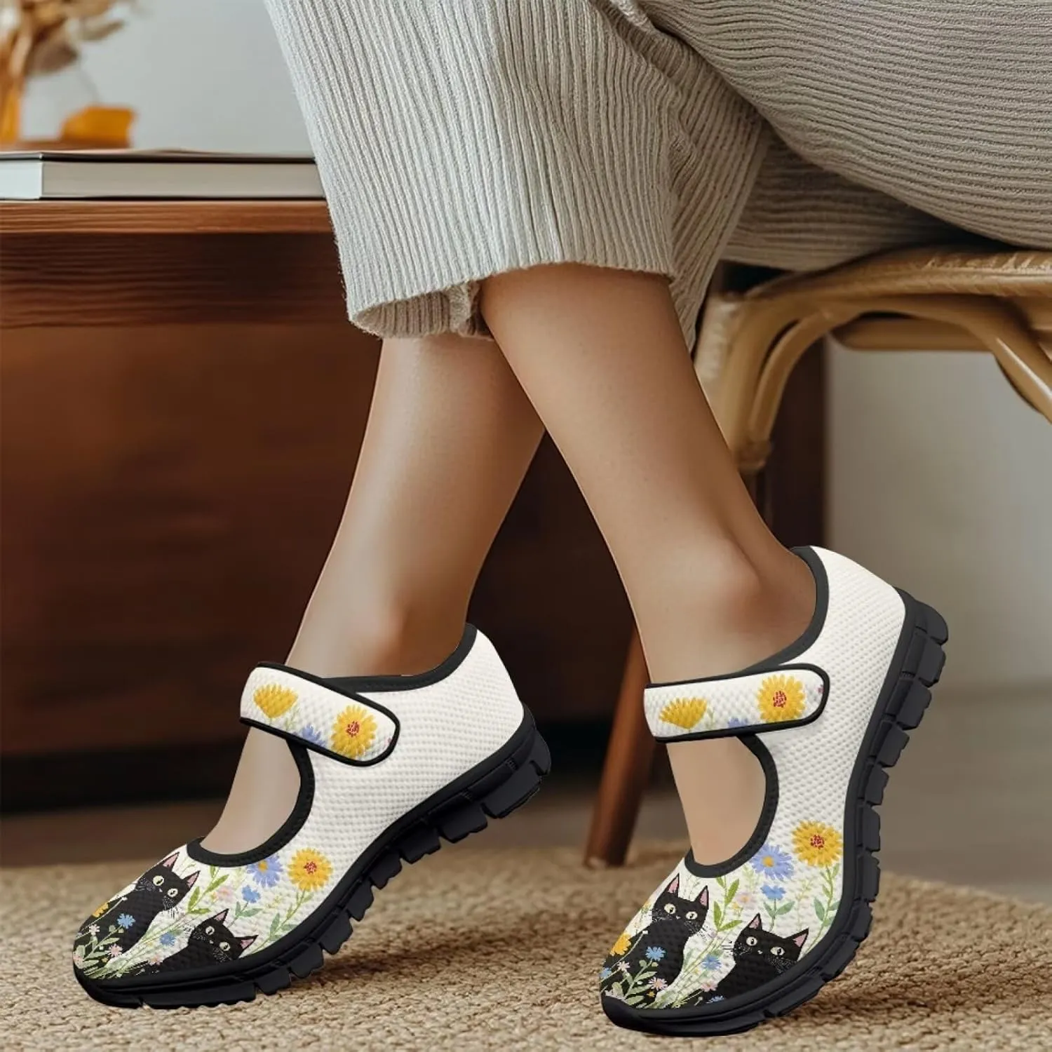 Jeiento Womens Casual Shoes Cartoon Cats Comfy Non Slip Dressy Shoes Walking Flat Shoes Slip-On