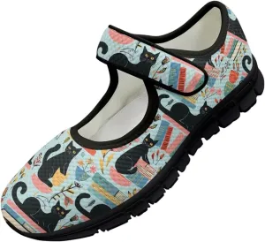 Jeiento Womens Casual Shoes Cartoon Cats Comfy Non Slip Dressy Shoes Walking Flat Shoes Slip-On