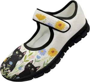 Jeiento Womens Casual Shoes Cartoon Cats Comfy Non Slip Dressy Shoes Walking Flat Shoes Slip-On