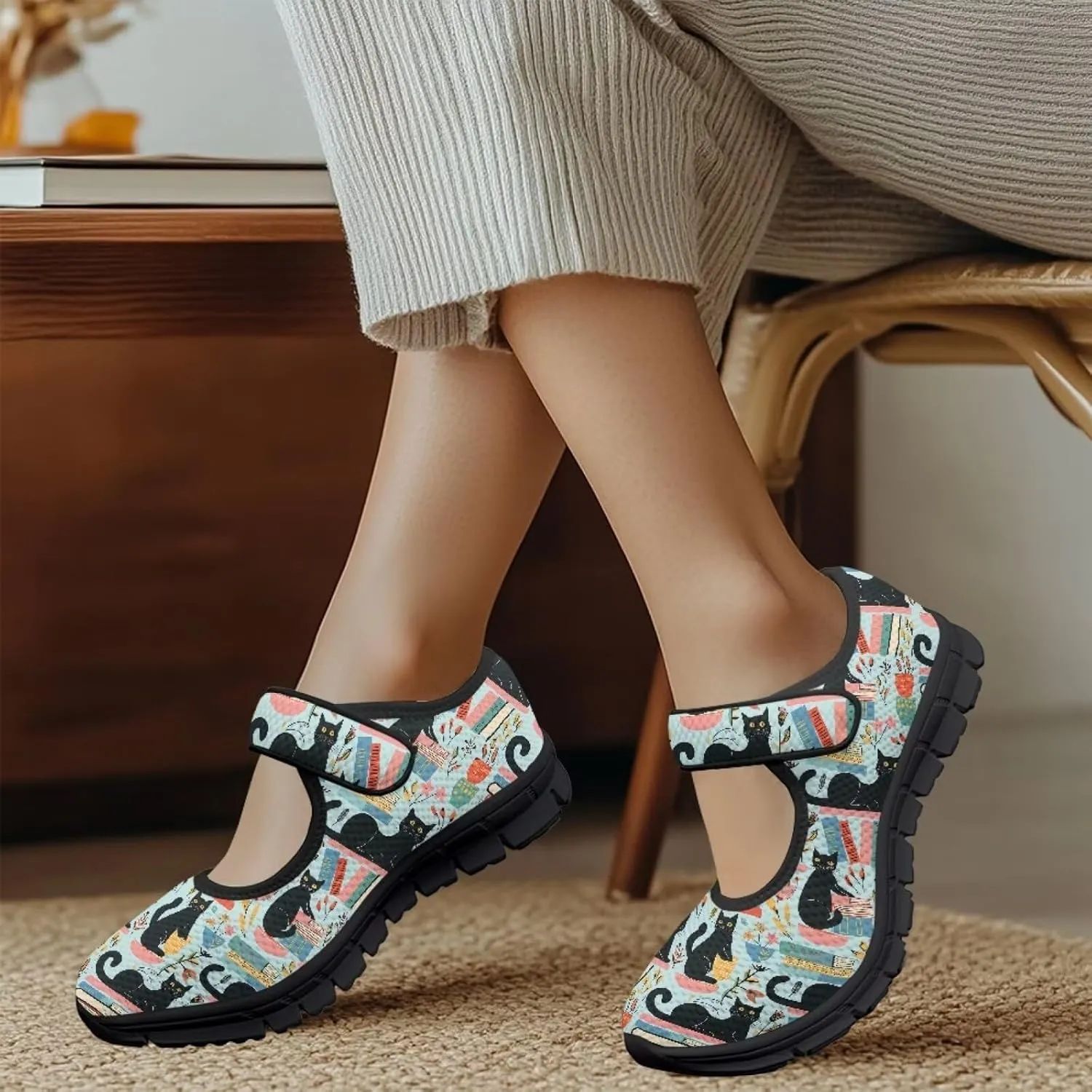 Jeiento Womens Casual Shoes Cartoon Cats Comfy Non Slip Dressy Shoes Walking Flat Shoes Slip-On