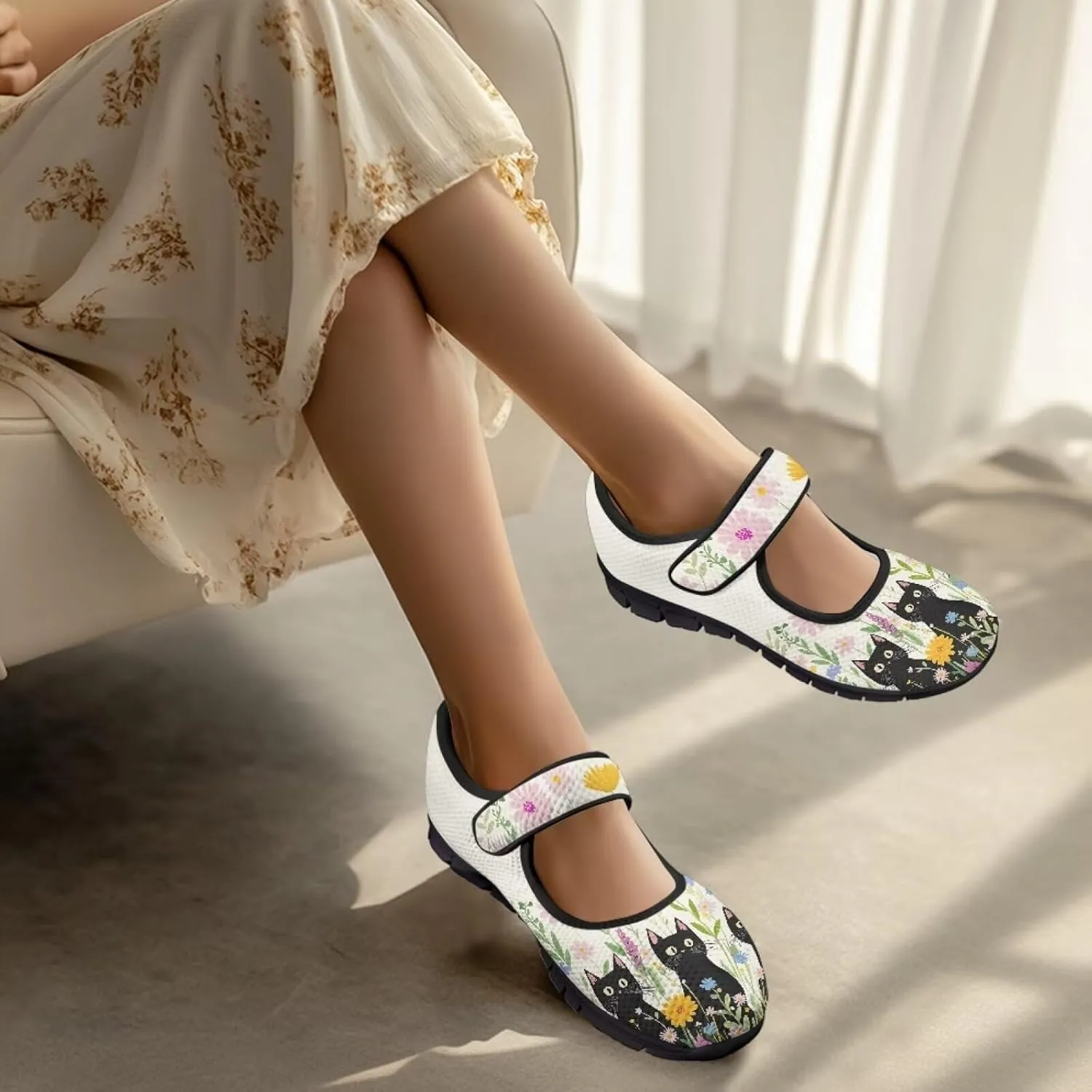Jeiento Womens Casual Shoes Cartoon Cats Comfy Non Slip Dressy Shoes Walking Flat Shoes Slip-On
