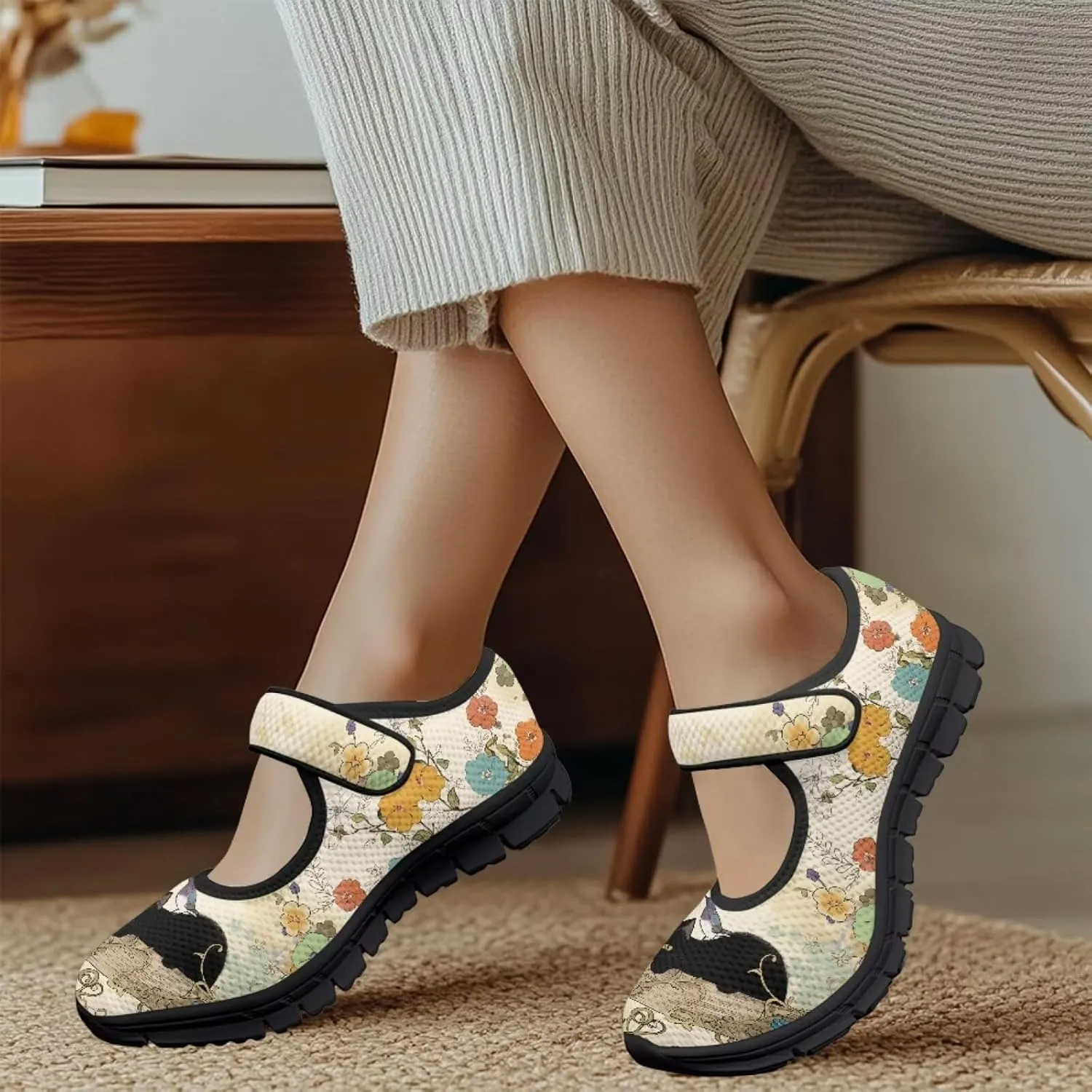 Jeiento Womens Casual Shoes Cartoon Cats Comfy Non Slip Dressy Shoes Walking Flat Shoes Slip-On