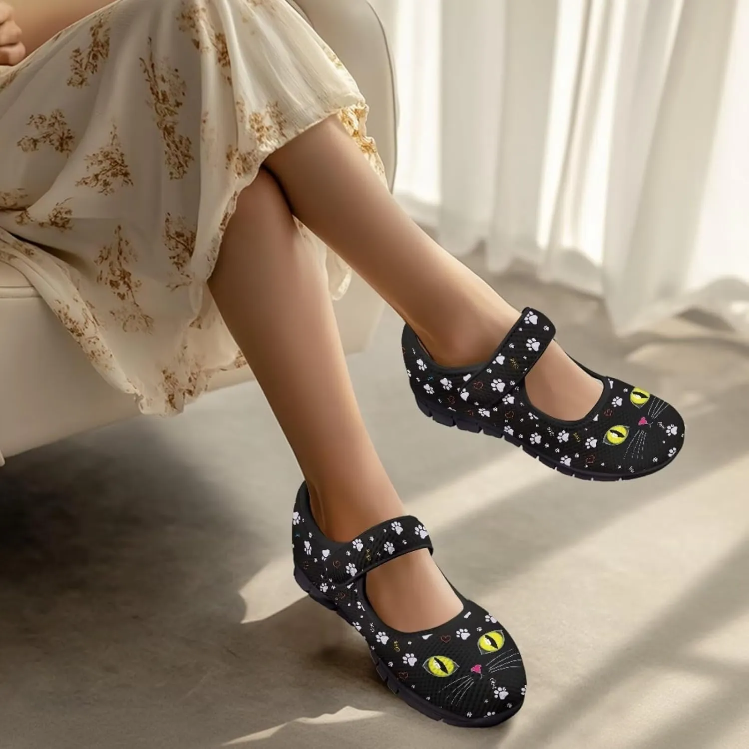 Jeiento Womens Casual Shoes Cartoon Cats Comfy Non Slip Dressy Shoes Walking Flat Shoes Slip-On