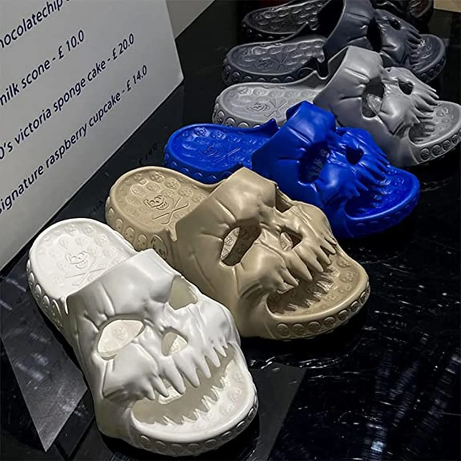 Jfxgjuv Skull Design Single Band Slides, Skull Slippers for Women Men, Soft EVA Thick Sole Anti-Slip Quick Drying Cloud Slippers Bathroom Pool Beach Sandals