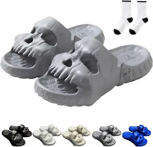 Jfxgjuv Skull Design Single Band Slides, Skull Slippers for Women Men, Soft EVA Thick Sole Anti-Slip Quick Drying Cloud Slippers Bathroom Pool Beach Sandals