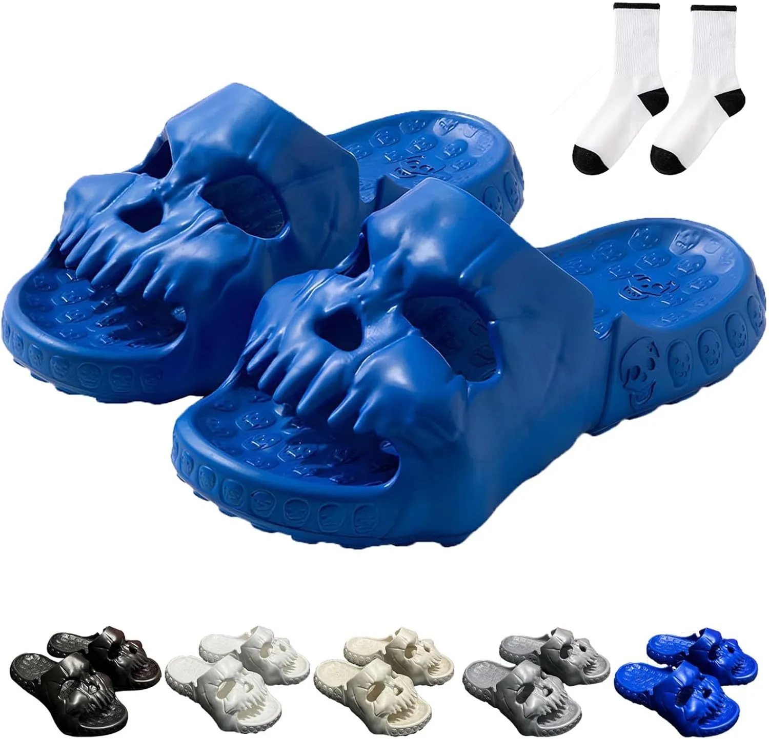Jfxgjuv Skull Design Single Band Slides, Skull Slippers for Women Men, Soft EVA Thick Sole Anti-Slip Quick Drying Cloud Slippers Bathroom Pool Beach Sandals