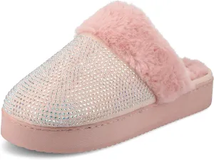 Journee Collection Womens Emmber Cushioned Rhinestone Clog Slippers Fur Lined Closed Toe Slip On with Durable Platform Sole