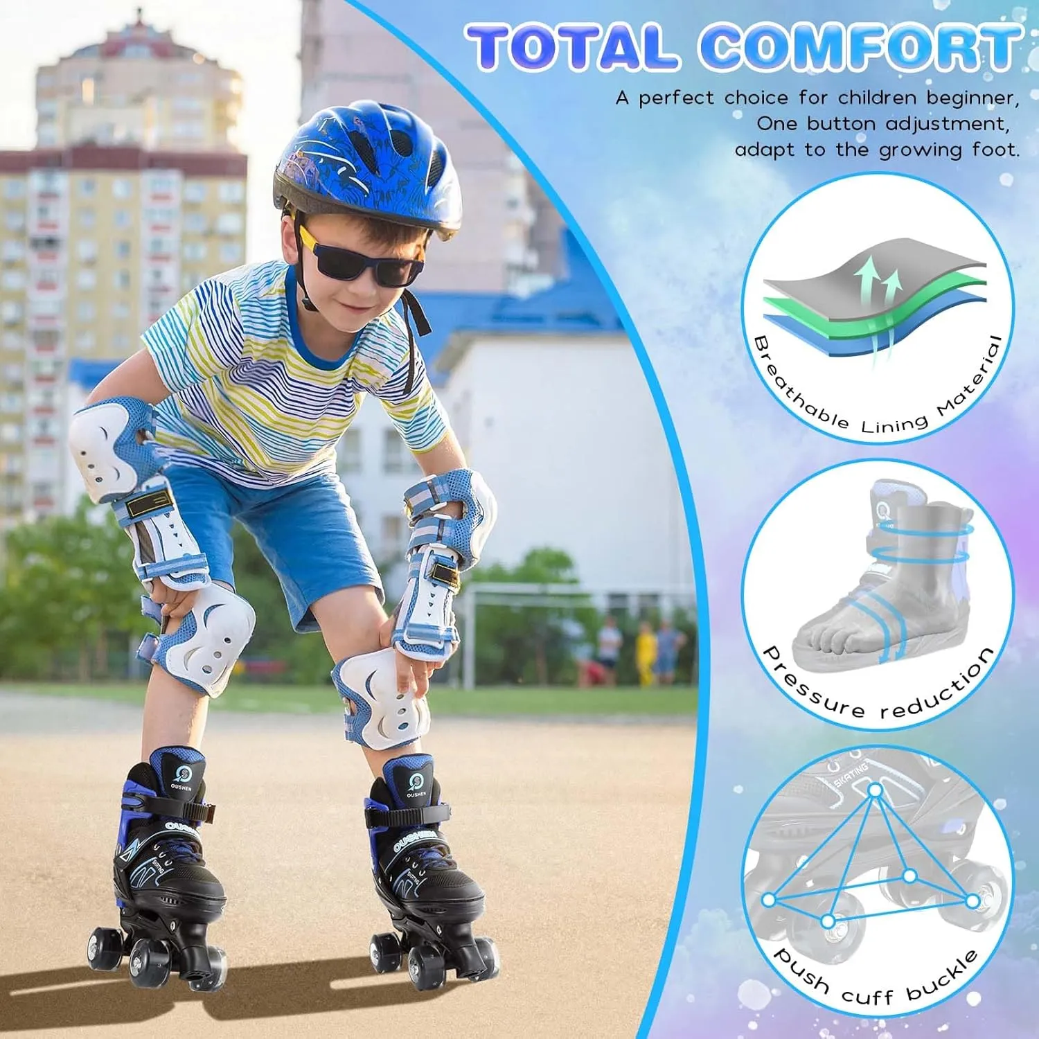 Kids Roller Skates for Ages 5-8/8-12/6-12, 4 Size Adjustable Rainbow Girls Roller Skates with Light Up Wheels, Toddler Roller Skates for Girls Boys, Beginner Kids Roller Skates Indoor Outdoor