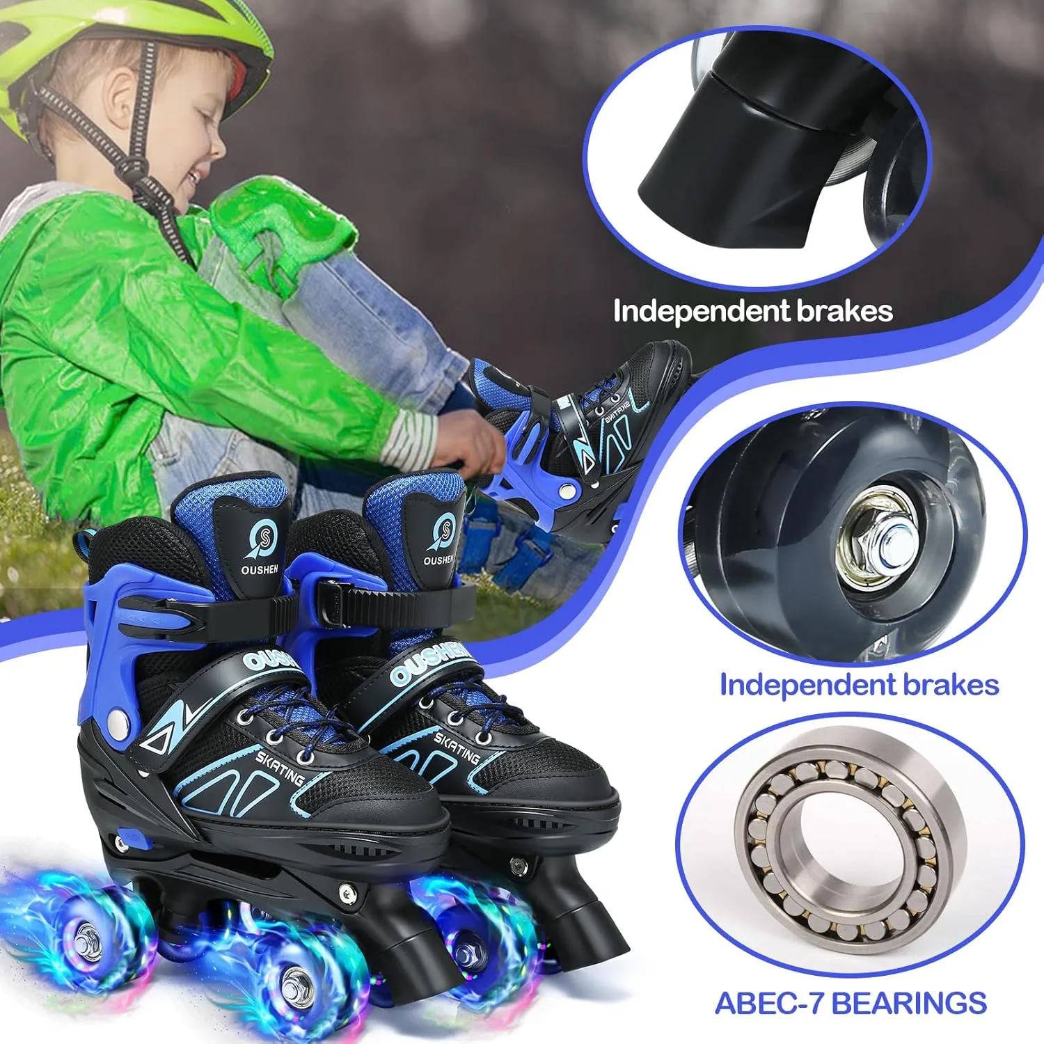 Kids Roller Skates for Ages 5-8/8-12/6-12, 4 Size Adjustable Rainbow Girls Roller Skates with Light Up Wheels, Toddler Roller Skates for Girls Boys, Beginner Kids Roller Skates Indoor Outdoor