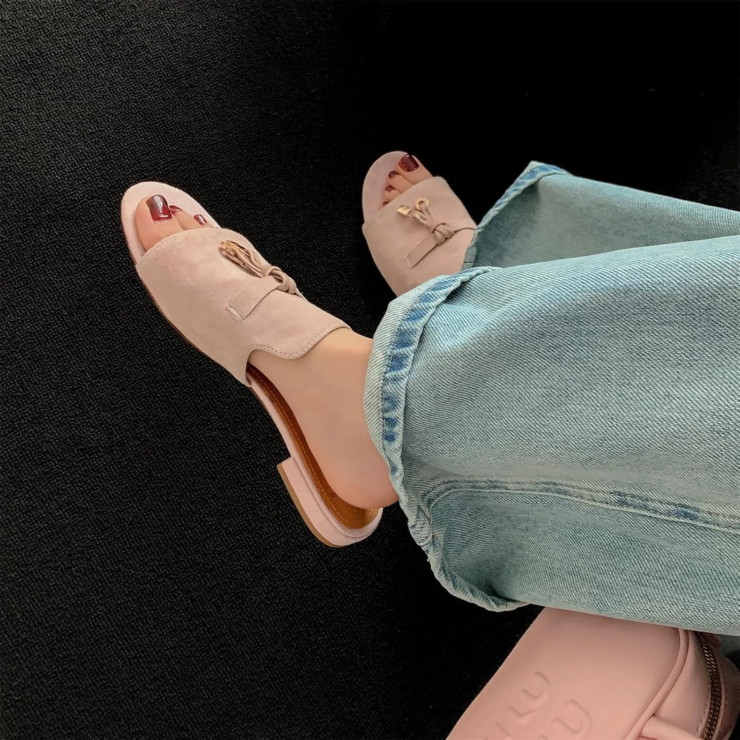 Kluolandi Cute Slides for Women Dressy Comfortable Slip On Open Toe Flat Slide Sandals Suede Leather Slide Slippers