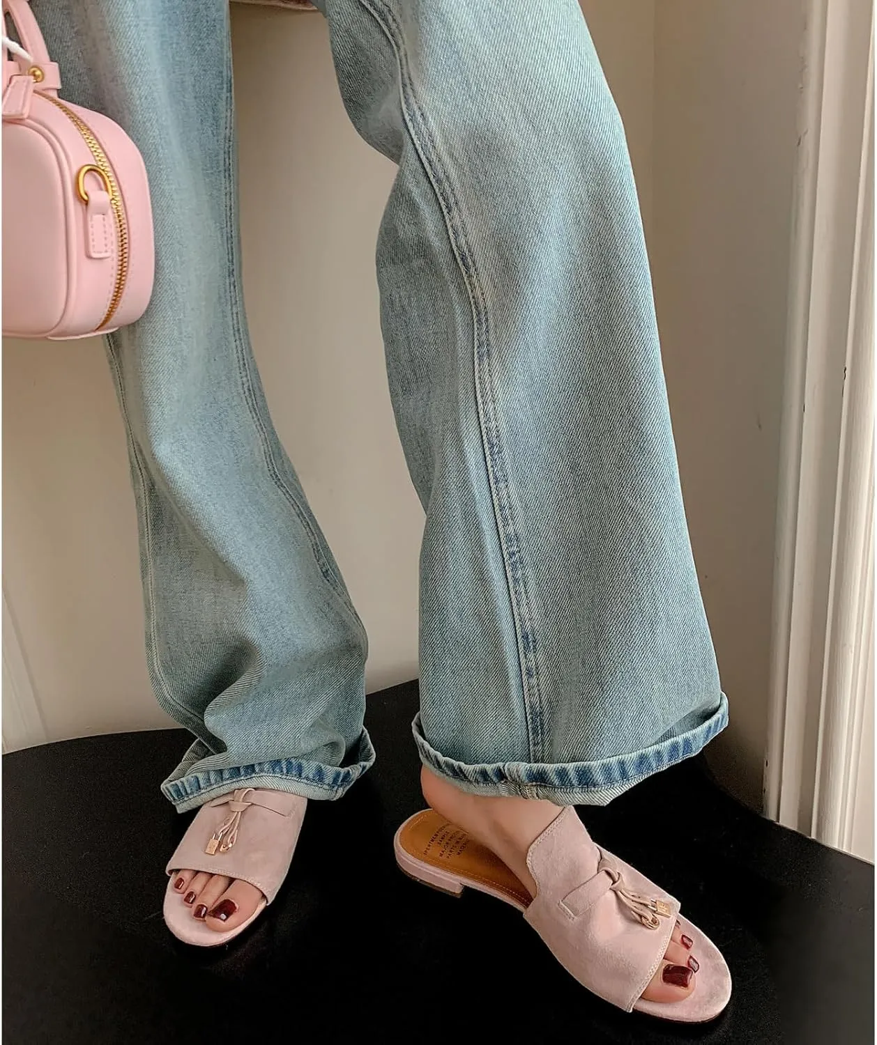 Kluolandi Cute Slides for Women Dressy Comfortable Slip On Open Toe Flat Slide Sandals Suede Leather Slide Slippers