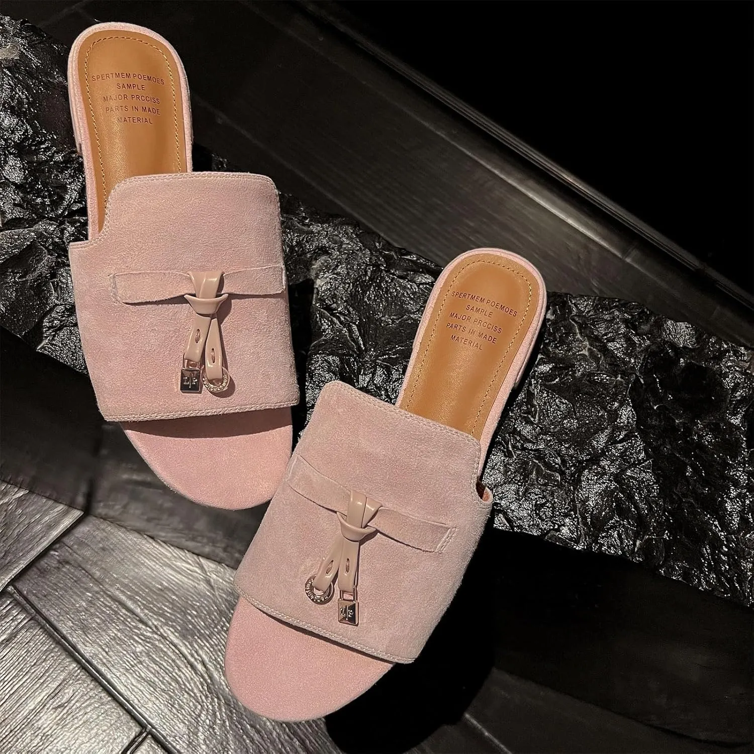 Kluolandi Cute Slides for Women Dressy Comfortable Slip On Open Toe Flat Slide Sandals Suede Leather Slide Slippers