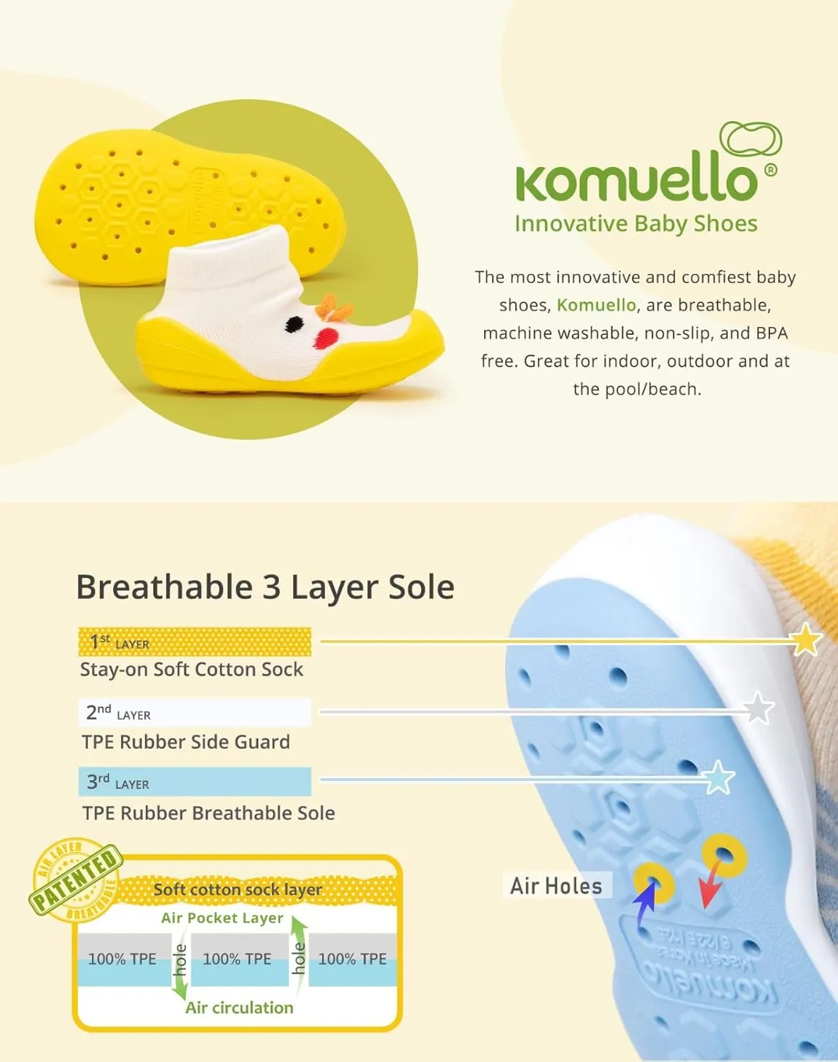 Komuello Baby & Toddler Shoe, Pull Up, First Walker, Flat, Non Slip, Soft Cotton, Premium Sock Shoes - Summer