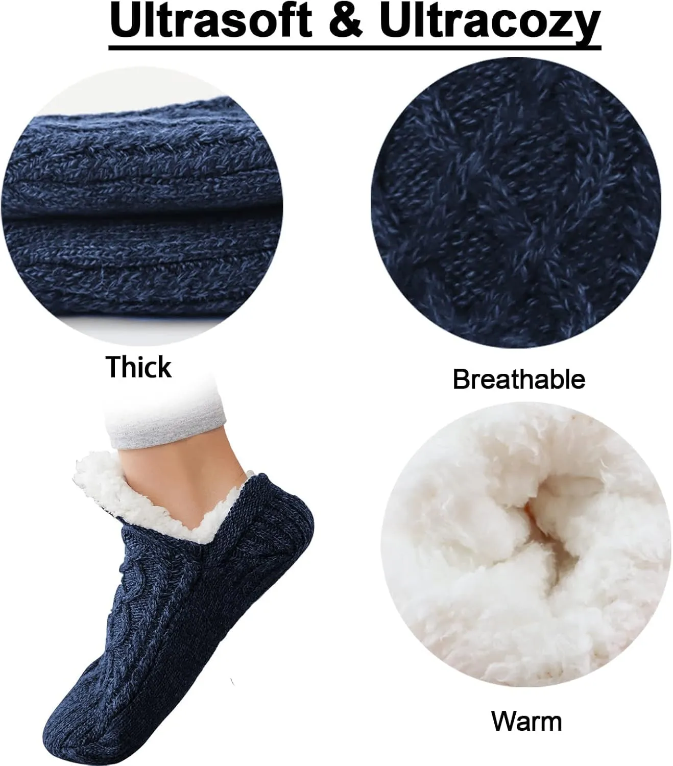 Koreshion Women Knitted Slipper Socks Cozy Sherpa Fuzzy Socks Non Slip Socks Winter Indoor Double Layer Bedroom Slipper Socks