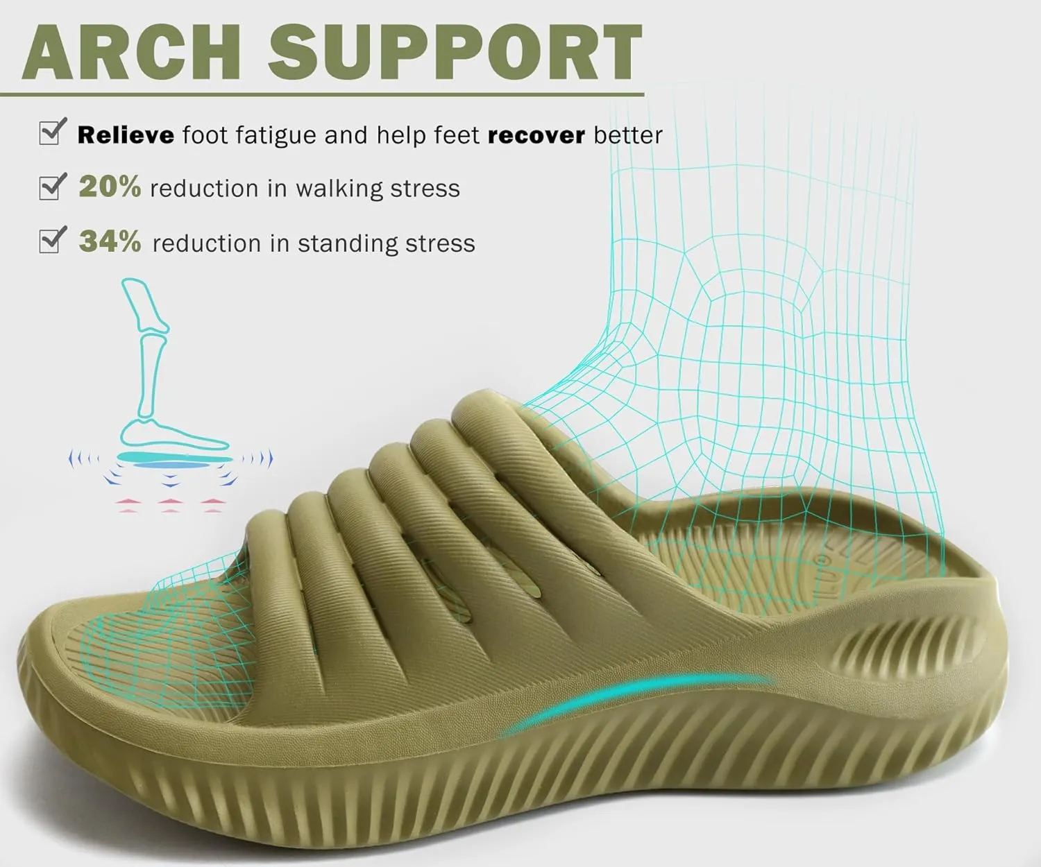 KuaiLu Womens Recovery Sandals With Comfortable Plantar Fasciitis Support,Ladies Orthotic Open Toe Sport Slides Thick Cushion Reduces Stress on Feet,Joints & Back Post-Exercise