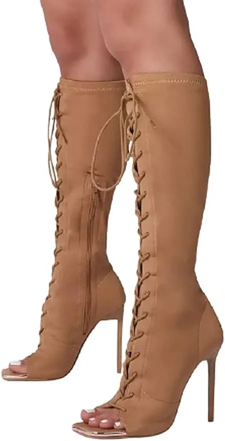 Lace up Stiletto Heel Knee High Boots For Women