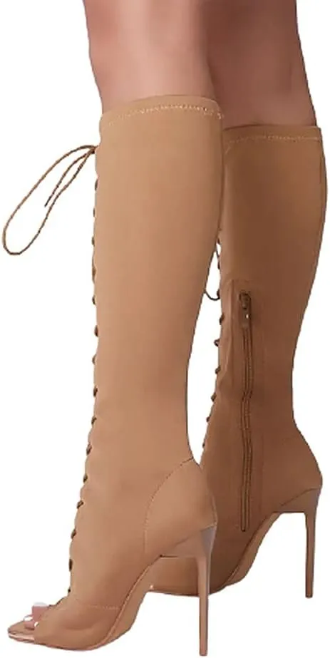 Lace up Stiletto Heel Knee High Boots For Women
