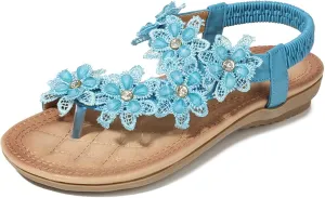 Ladies Flower Accessory Round Toe Thong Flat Beach Sandals,Summer Bohemian Elastic Ankle Strap Comfortable Flower Sandals.