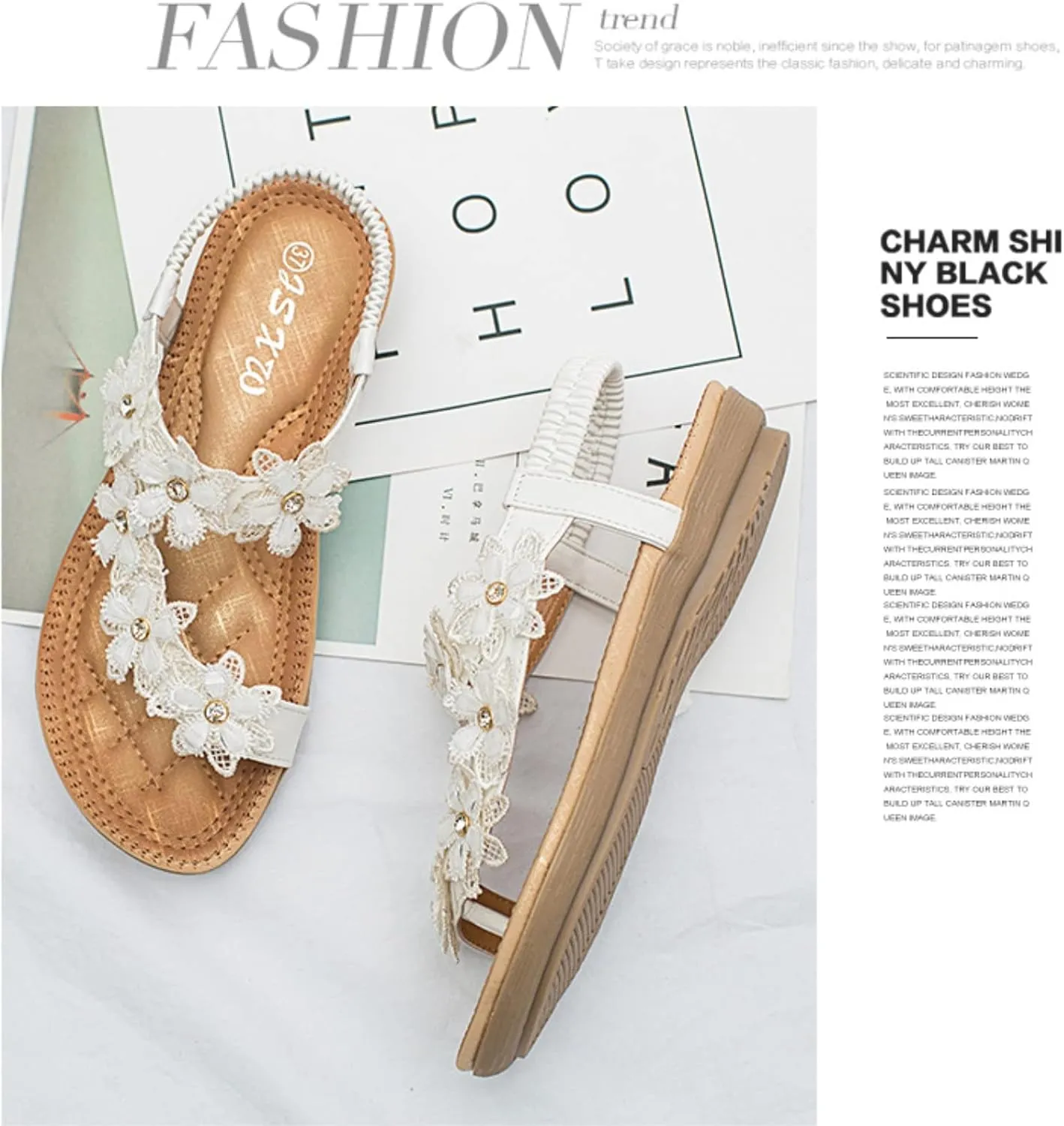 Ladies Flower Accessory Round Toe Thong Flat Beach Sandals,Summer Bohemian Elastic Ankle Strap Comfortable Flower Sandals.