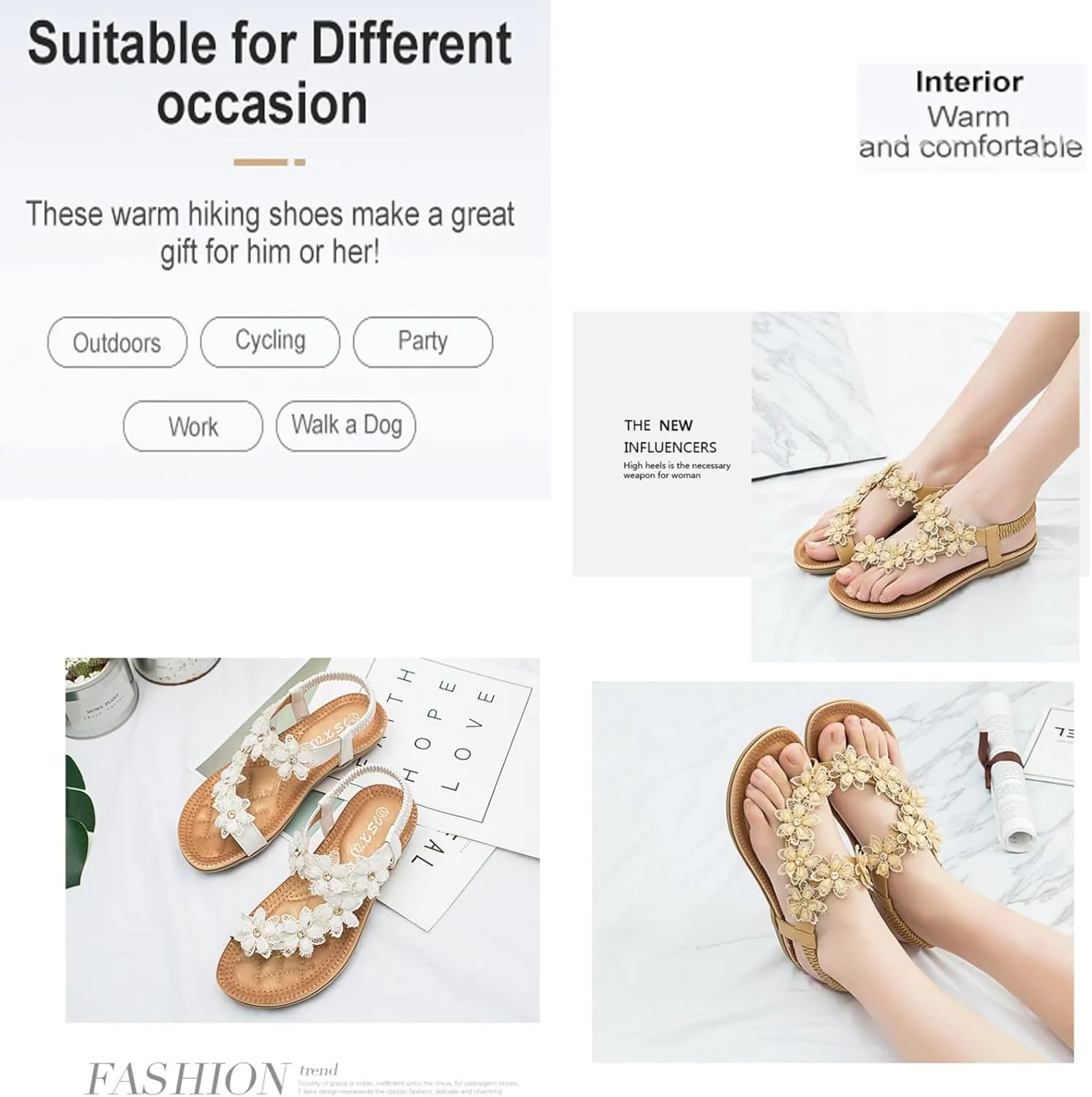 Ladies Flower Accessory Round Toe Thong Flat Beach Sandals,Summer Bohemian Elastic Ankle Strap Comfortable Flower Sandals.