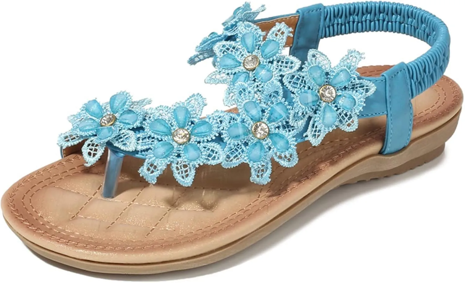 Ladies Flower Accessory Round Toe Thong Flat Beach Sandals,Summer Bohemian Elastic Ankle Strap Comfortable Flower Sandals.
