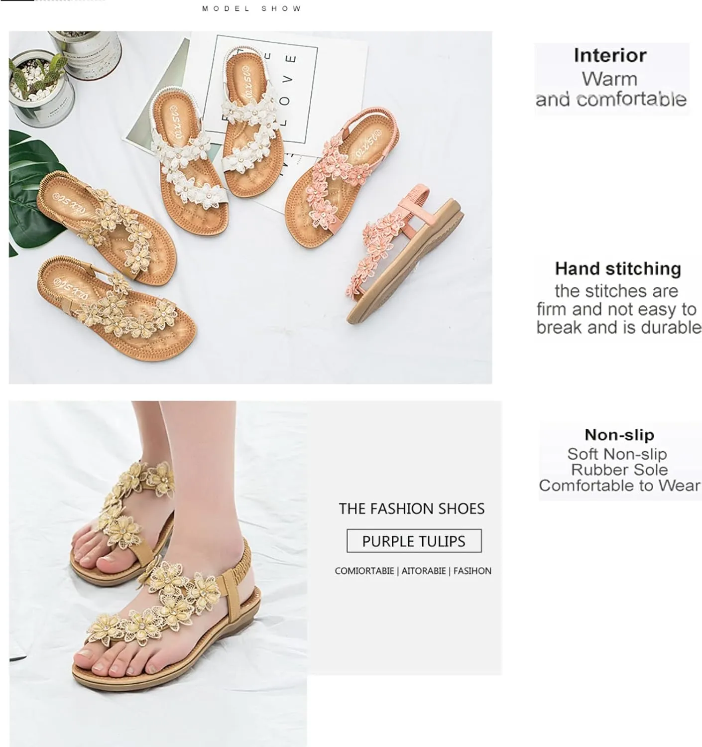 Ladies Flower Accessory Round Toe Thong Flat Beach Sandals,Summer Bohemian Elastic Ankle Strap Comfortable Flower Sandals.