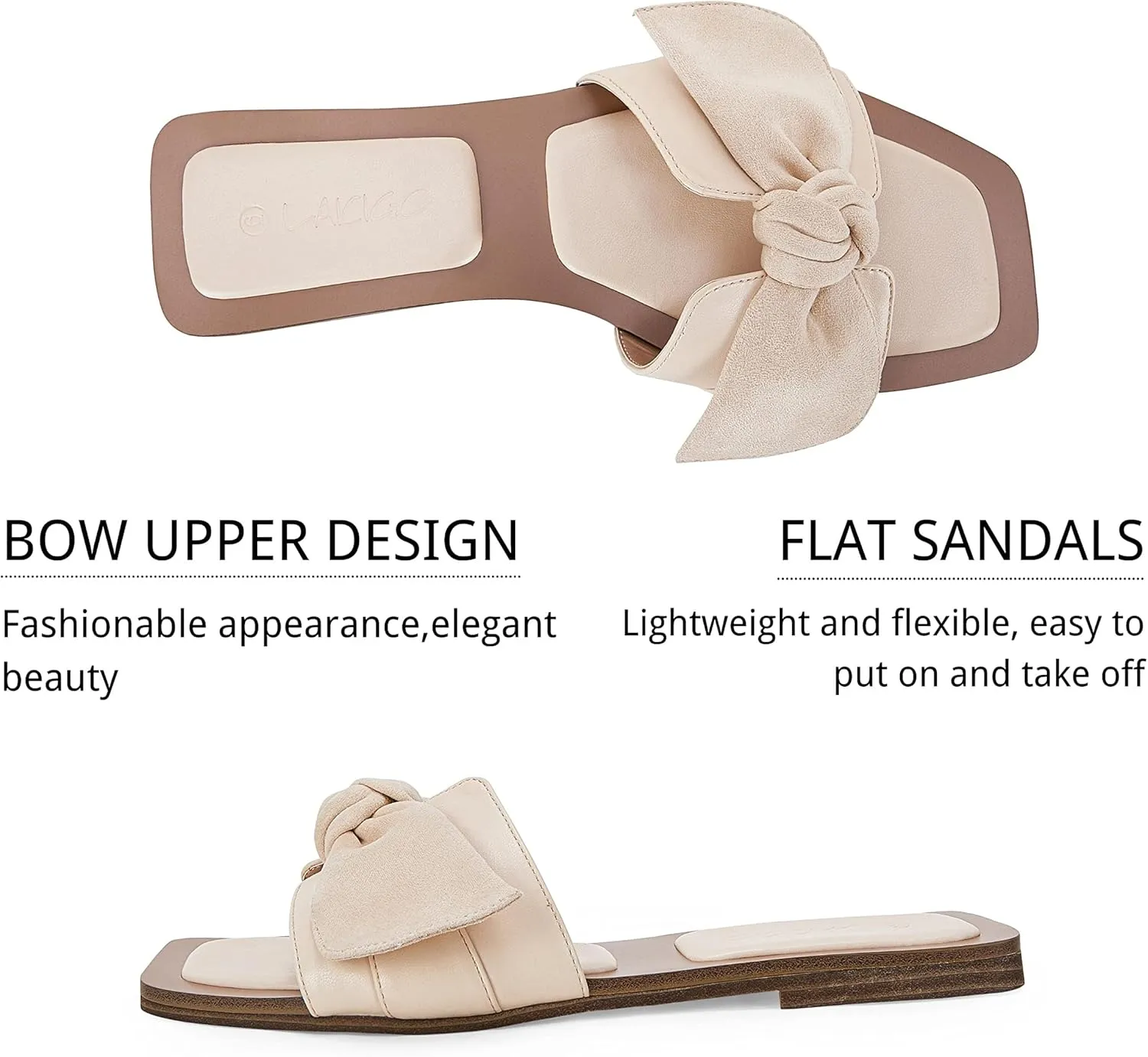 LAICIGO Womens Slip on Bow Sandals Dressy Comfortable Flat Sandals Square Toe Summer Slides
