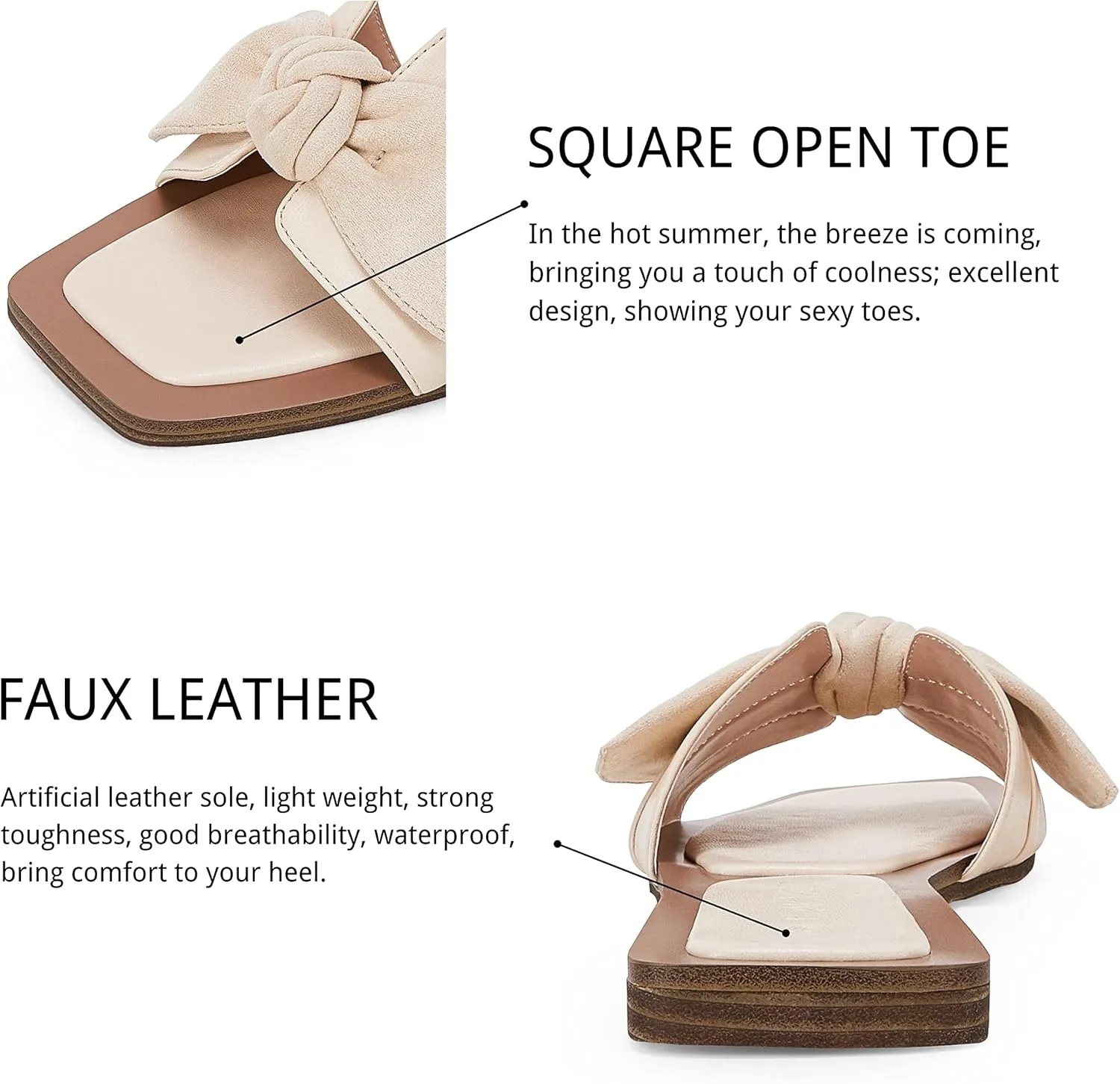 LAICIGO Womens Slip on Bow Sandals Dressy Comfortable Flat Sandals Square Toe Summer Slides