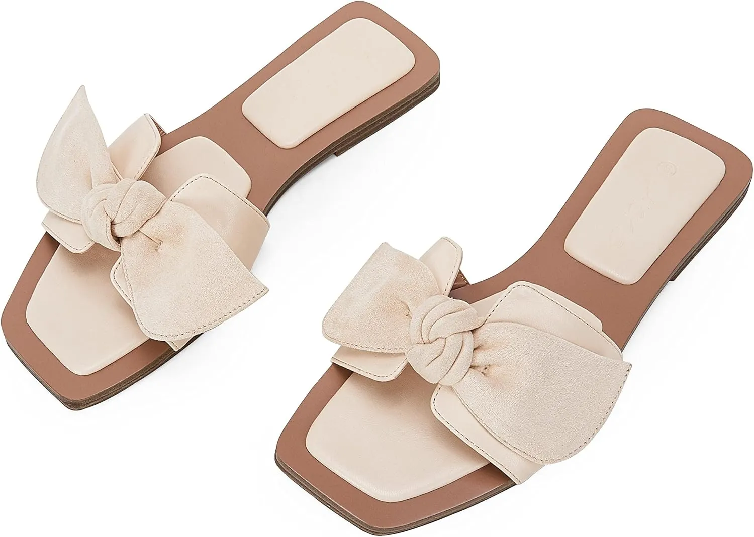 LAICIGO Womens Slip on Bow Sandals Dressy Comfortable Flat Sandals Square Toe Summer Slides