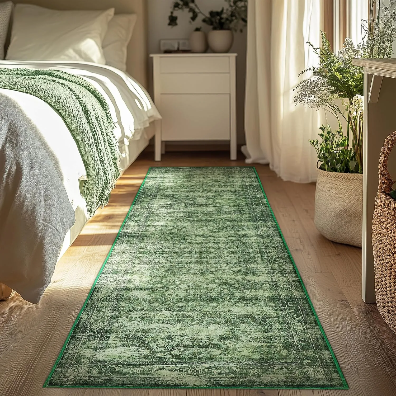 LAISE Boho Green Runner Rug 2x8 ft - Washable Non-Slip Area Rug for Indoor Outdoor Use