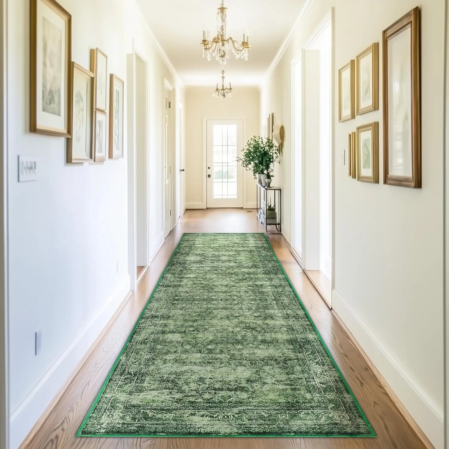 LAISE Boho Green Runner Rug 2x8 ft - Washable Non-Slip Area Rug for Indoor Outdoor Use