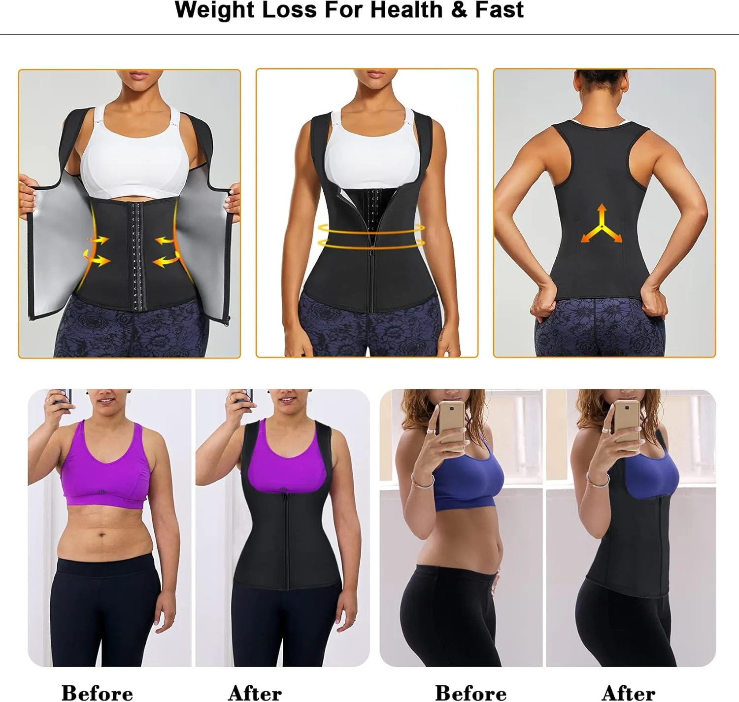 LANCS Sauna Suit for Women Sweat Waist Trainer Zipper Vest Cincher Body Shaper Corset Slimming Workout Tank Tops