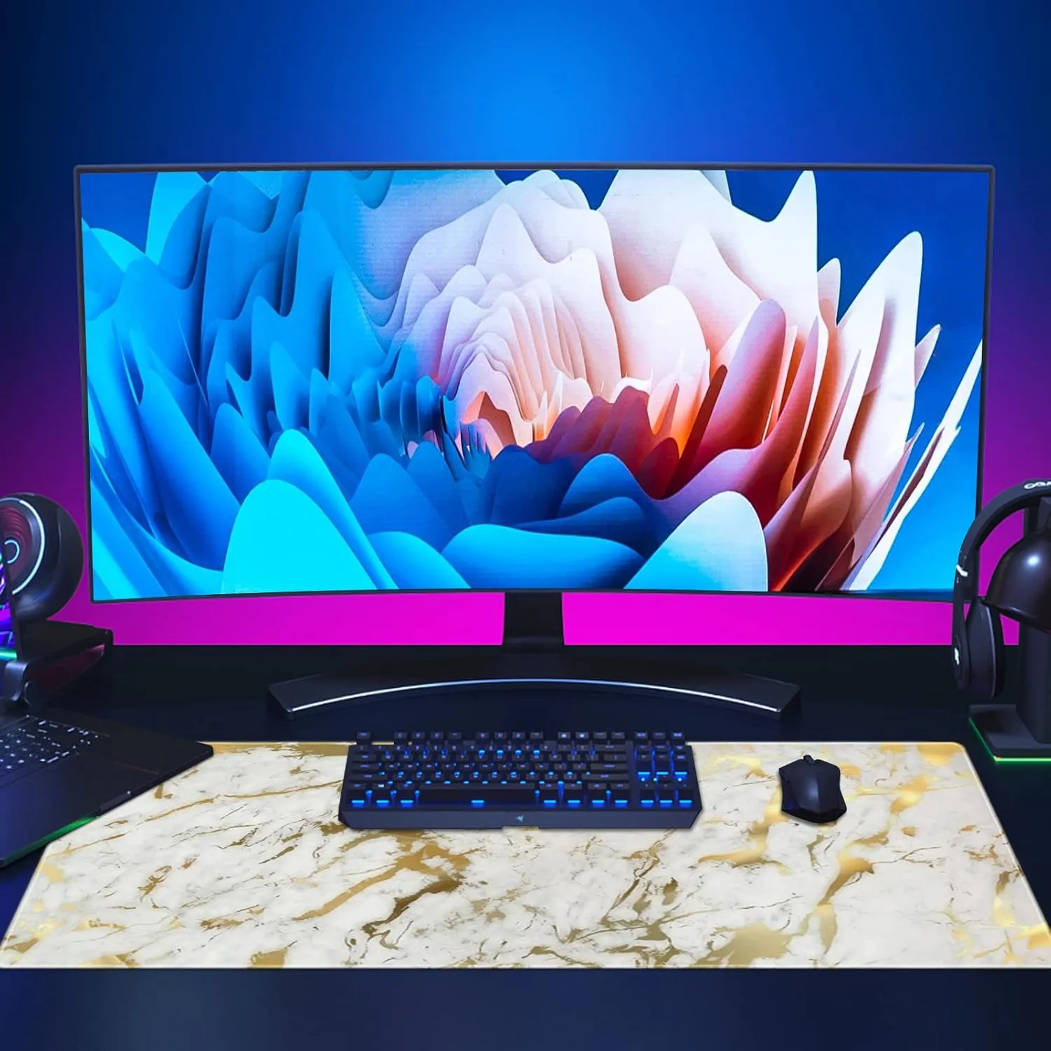 Large Gaming XXL Mouse Pad with Stitched Edge 31.5"x11.8"x0.15" Mouse Mat Customized Extended Gaming Mouse Pad Anti-Slip Rubber Base Ergonomic Mouse Pad for Computer (Gold Marble)