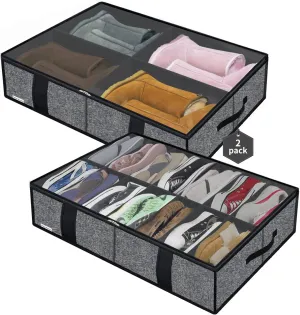 Large Under Bed Shoe Boot Storage Organizers for women and girls 2 Pack, Fit 14 4 Pairs, Sturdy Underbed Closet Shoes Bin Container Bag Organizer, 33.9x 23.6x5.9inch, Black, ZMBCUBS14S4