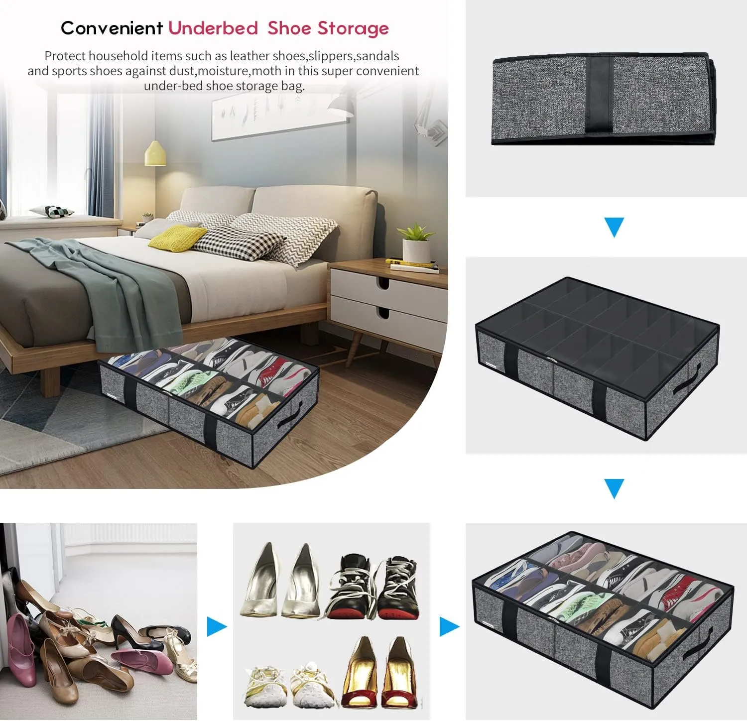 Large Under Bed Shoe Boot Storage Organizers for women and girls 2 Pack, Fit 14 4 Pairs, Sturdy Underbed Closet Shoes Bin Container Bag Organizer, 33.9x 23.6x5.9inch, Black, ZMBCUBS14S4