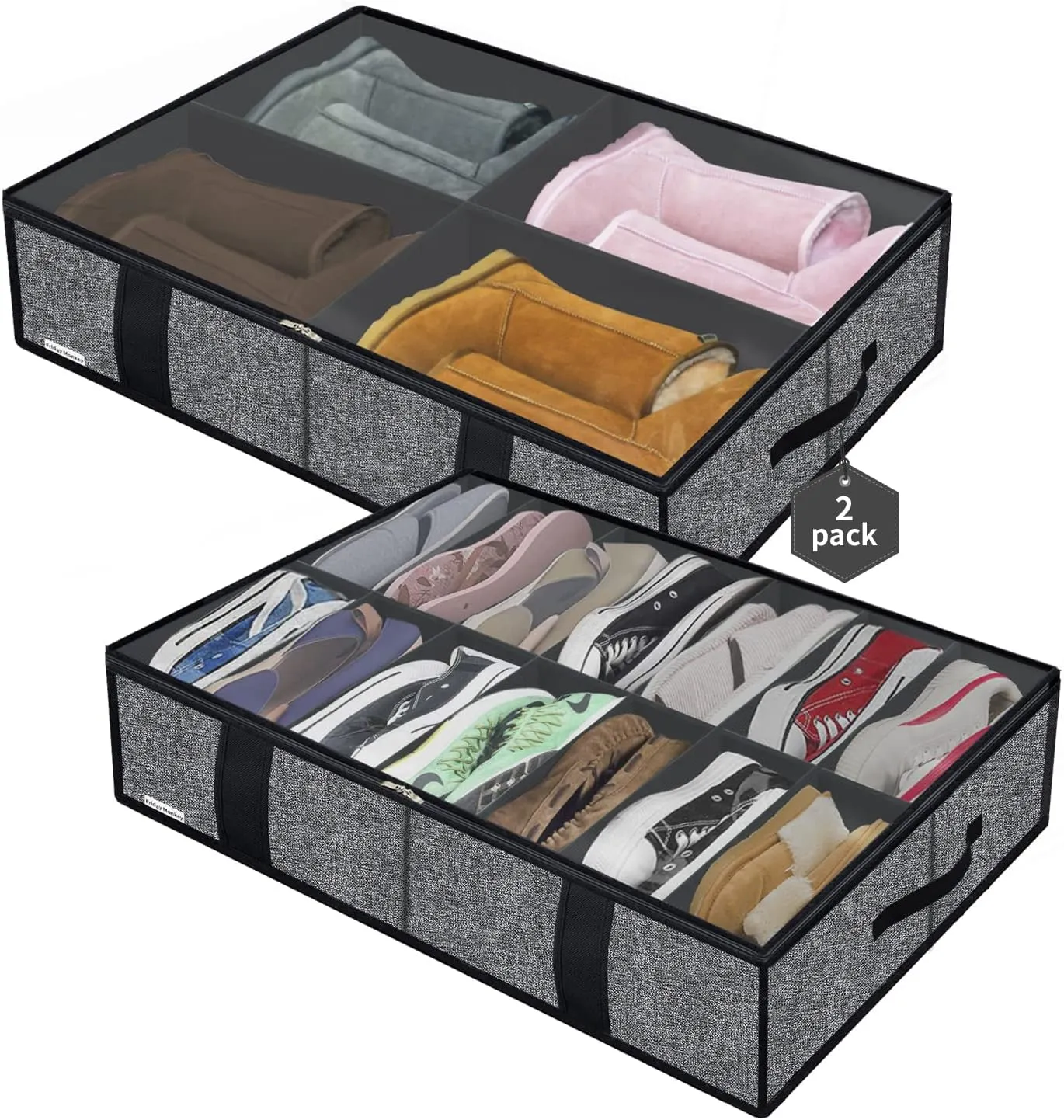Large Under Bed Shoe Boot Storage Organizers for women and girls 2 Pack, Fit 14 4 Pairs, Sturdy Underbed Closet Shoes Bin Container Bag Organizer, 33.9x 23.6x5.9inch, Black, ZMBCUBS14S4