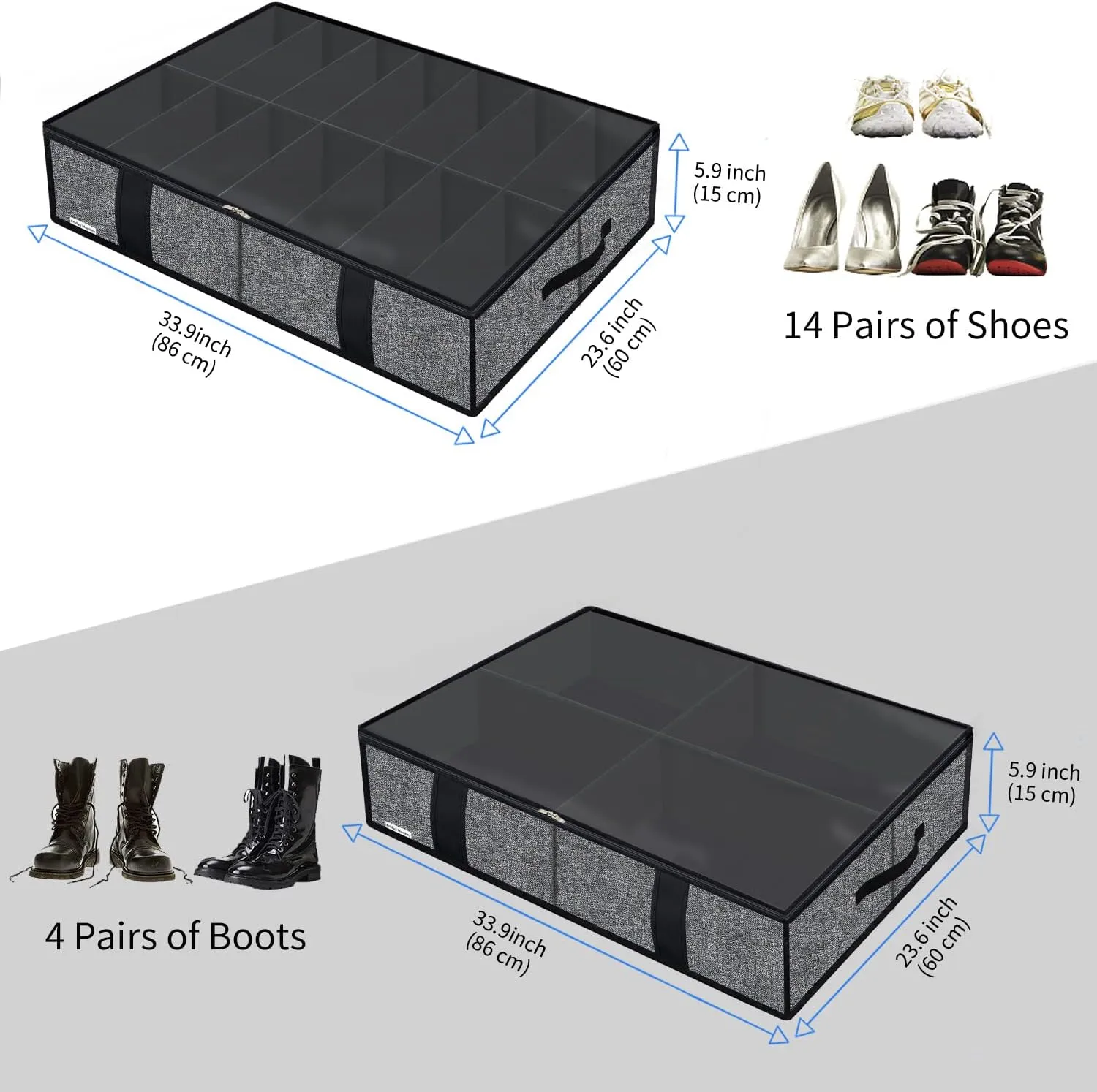 Large Under Bed Shoe Boot Storage Organizers for women and girls 2 Pack, Fit 14 4 Pairs, Sturdy Underbed Closet Shoes Bin Container Bag Organizer, 33.9x 23.6x5.9inch, Black, ZMBCUBS14S4