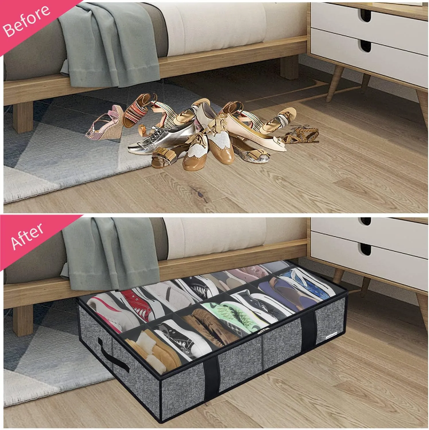 Large Under Bed Shoe Boot Storage Organizers for women and girls 2 Pack, Fit 14 4 Pairs, Sturdy Underbed Closet Shoes Bin Container Bag Organizer, 33.9x 23.6x5.9inch, Black, ZMBCUBS14S4
