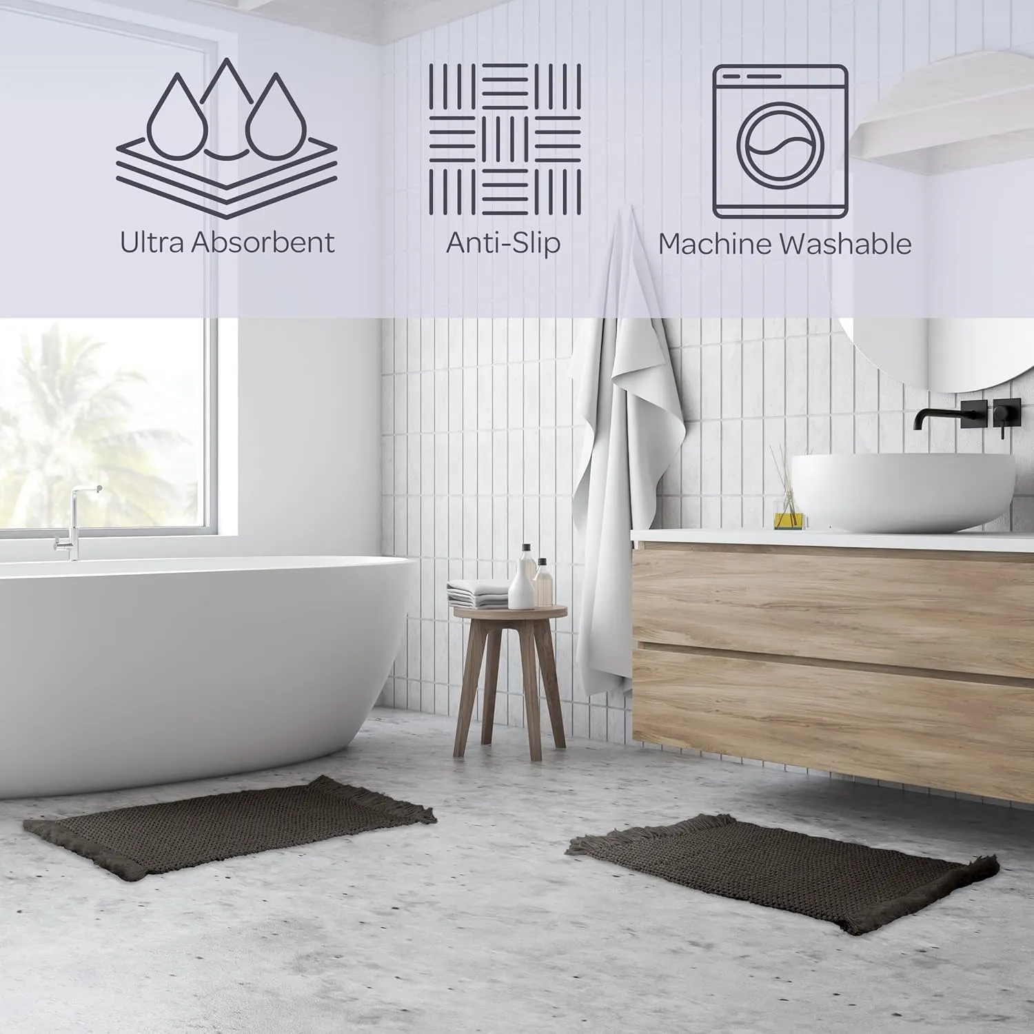 Lavish Home Bathroom Rugs - 2-Piece Waffle Bath Mat Set for Boho Bathroom Decor - Non Slip Rugs for Shower, Tub, or Vanity - Machine Washable Bath Mats (Charcoal)