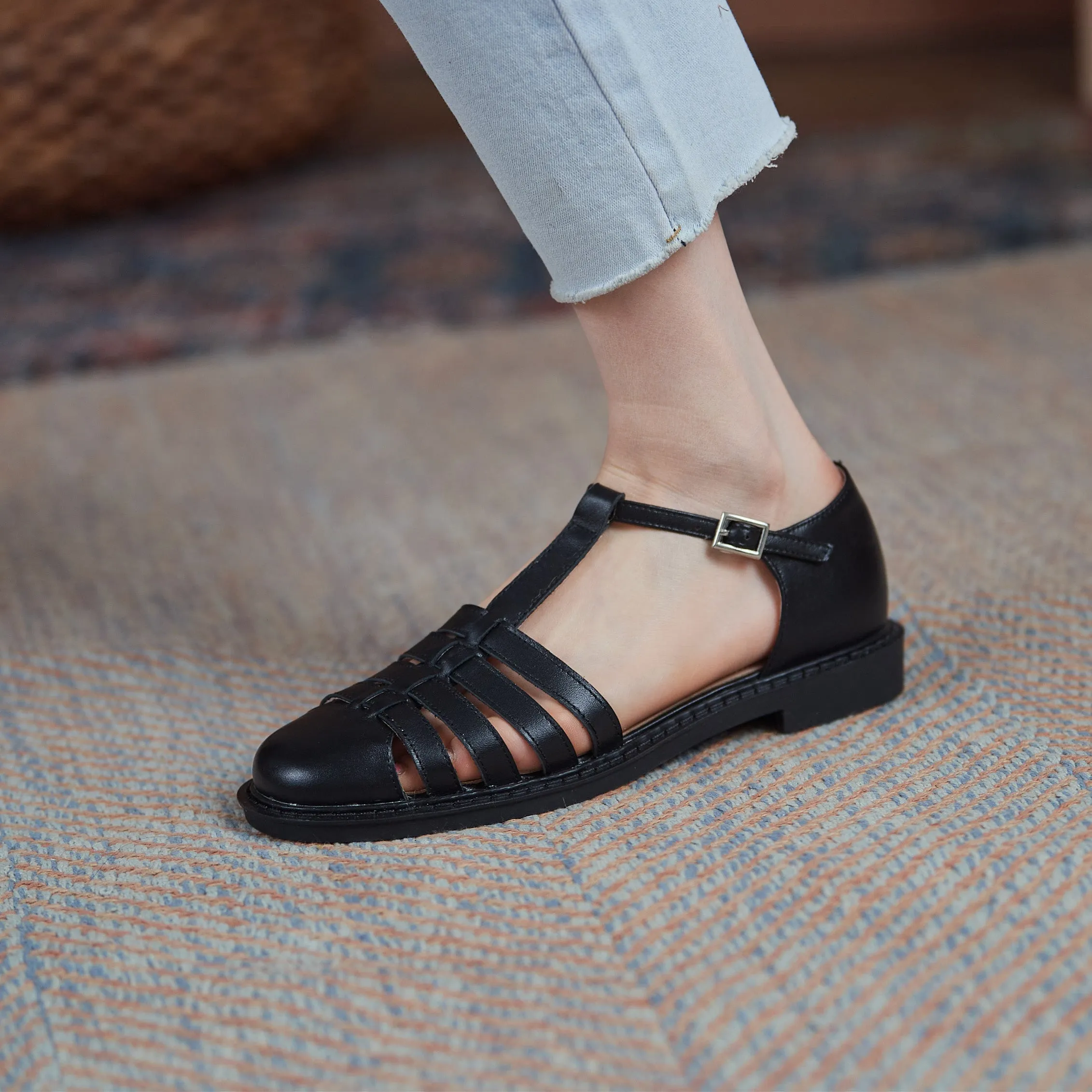 Leather Fisherman Braided Flat Sandals Closed Toe