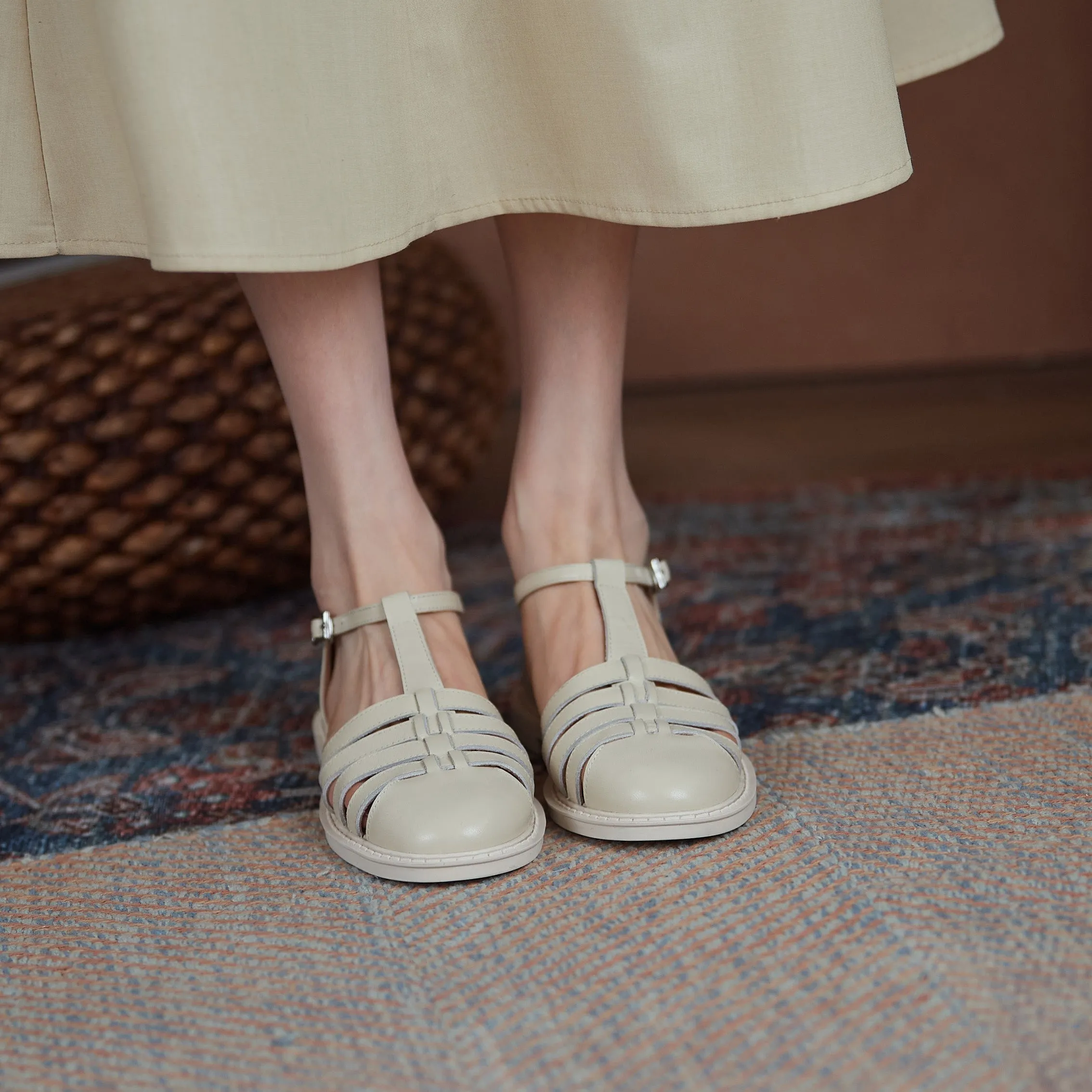Leather Fisherman Braided Flat Sandals Closed Toe
