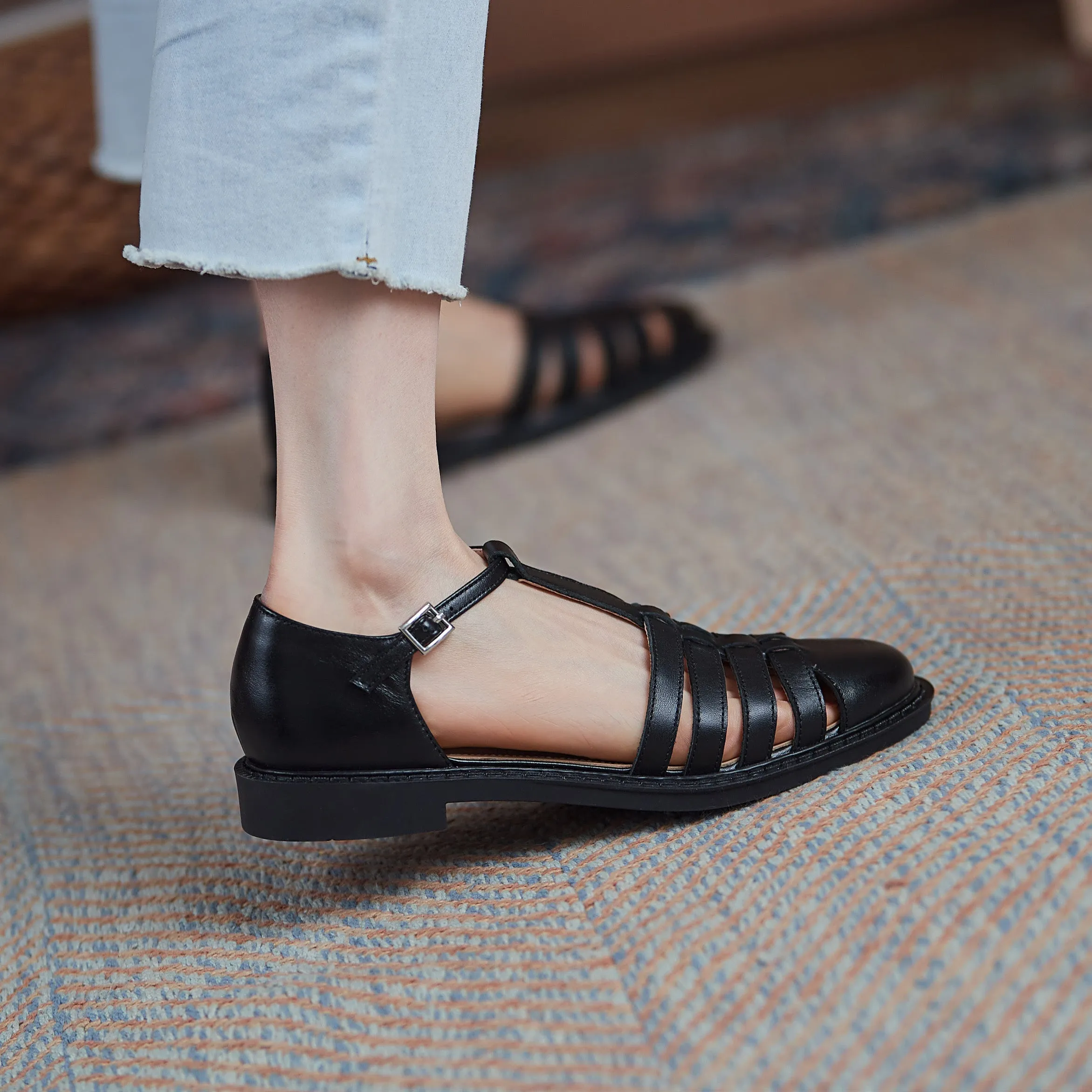 Leather Fisherman Braided Flat Sandals Closed Toe