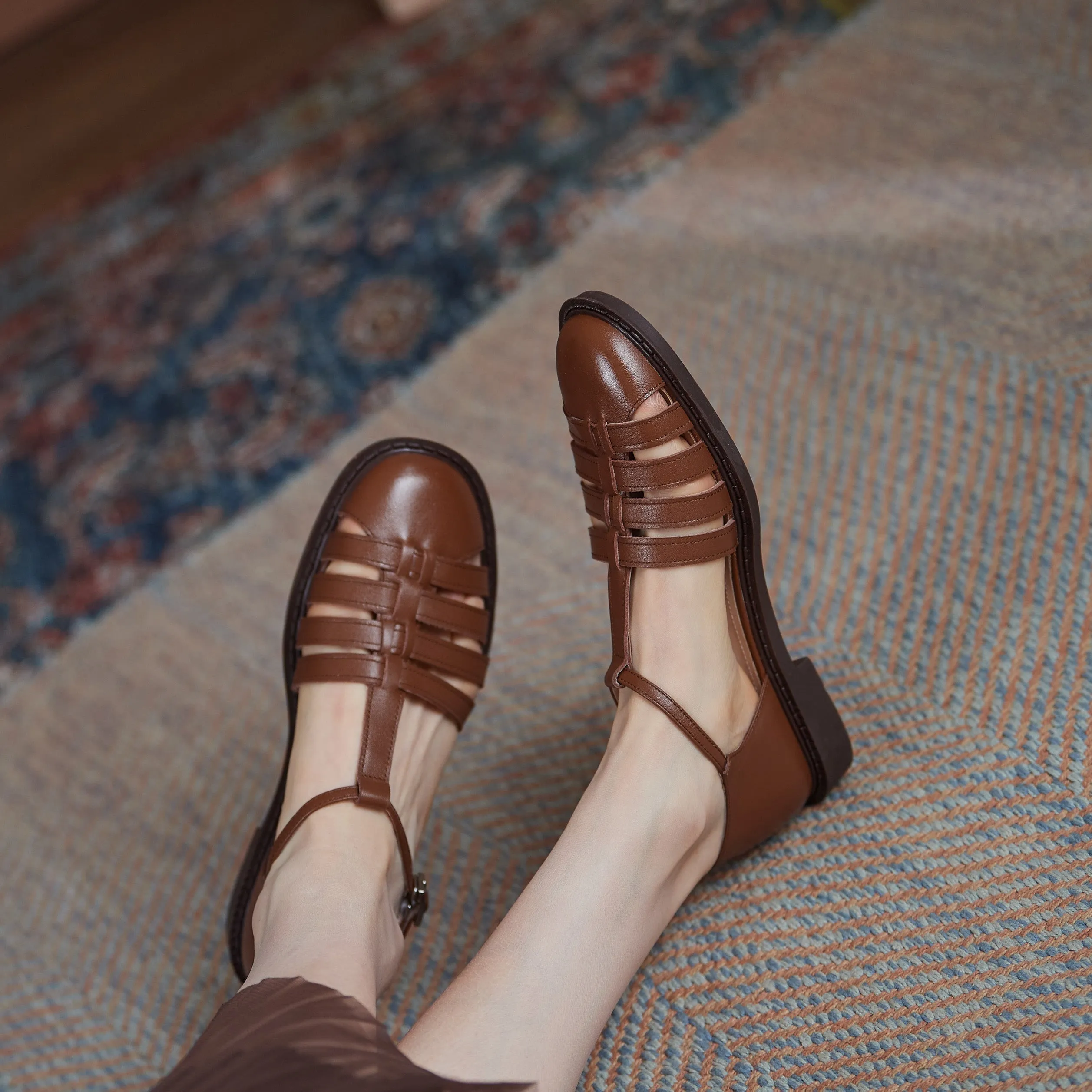 Leather Fisherman Braided Flat Sandals Closed Toe