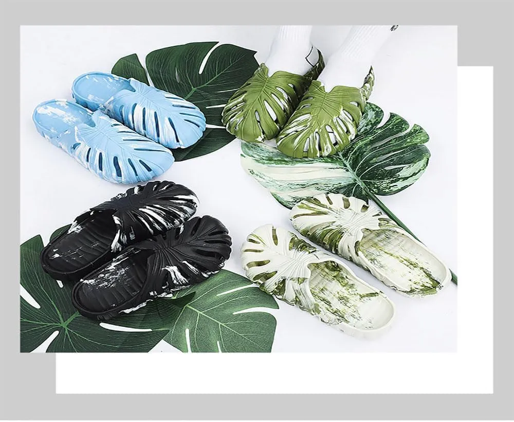 LELEBEAR Monstera Slippers, Monstera Pillow Slippers Open Toe Non Slip Slippers, Monstera Slides for Women and Men