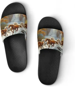 Life Mountain Stream Running Horse Wild Slippers for Women Men Anti-Slip Shower Slides Open Toe Slippers for Home Outdoor Beach